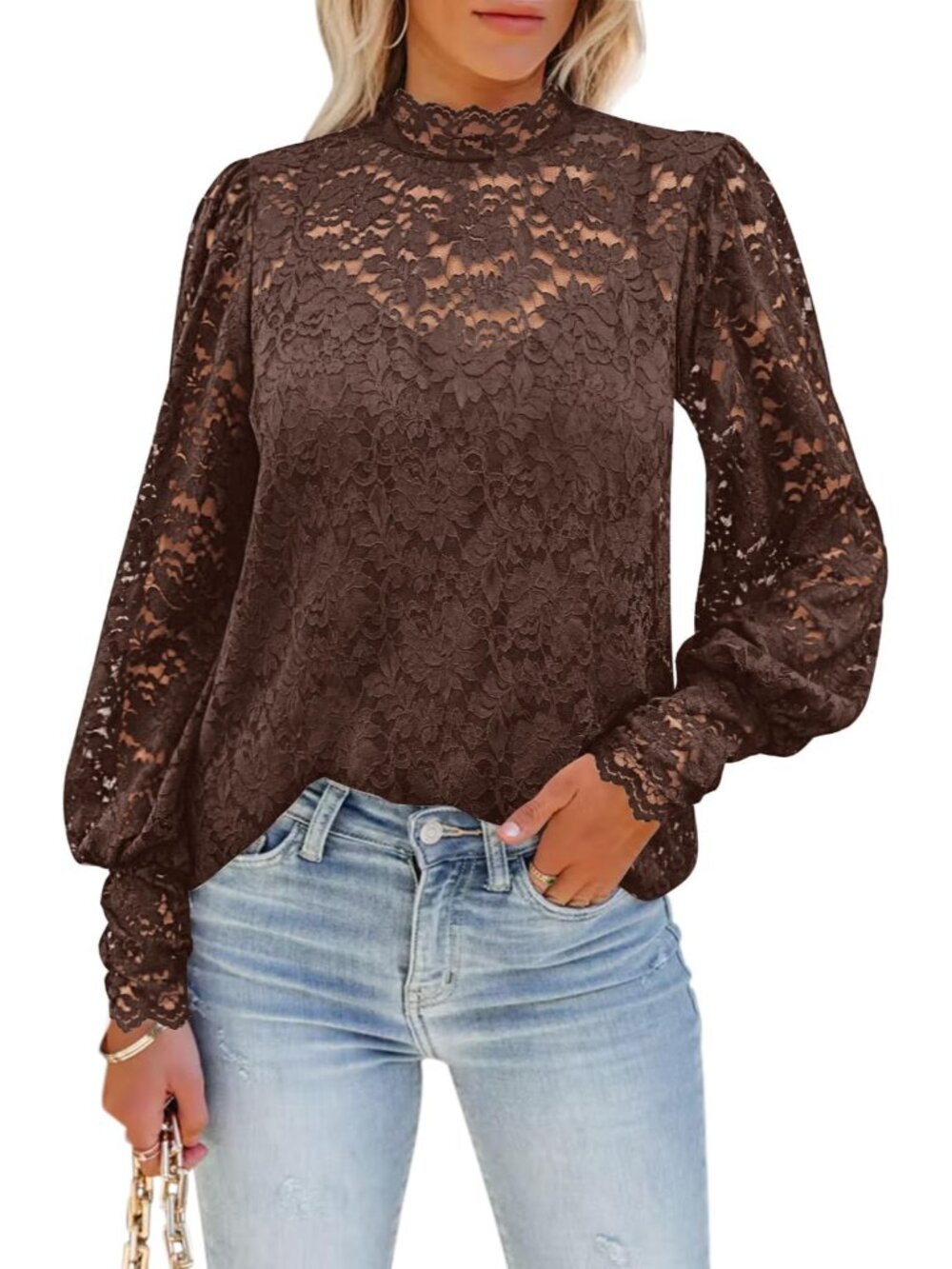 Women's Floral Lace Long Sleeve Tops Dressy Casual Mock Neck Blouse